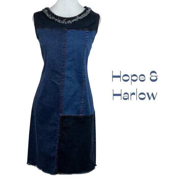 Hope & Harlow Blue Jean Denim Patchwork Boho Chic Western Dress NWOT Size 10 - Picture 2 of 13